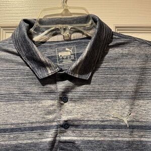 Puma Men's Striped Heathered Navy and Gray Polo